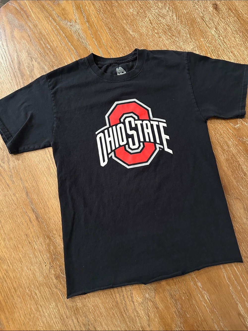 Knights Apparel Black Tee with Red and White Ohio State Logo